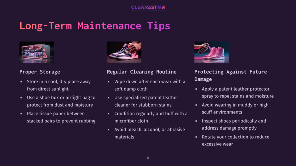 8 Long Term Maintenance Tips 2 A Graphic With The Title &Quot;Long-Term Maintenance Tips&Quot; And Three Sections: &Quot;Proper Storage,&Quot; &Quot;Regular Cleaning Routine,&Quot; And &Quot;Protecting Against Future Damage,&Quot; Each With Illustrative Icons And Bulleted Advice.