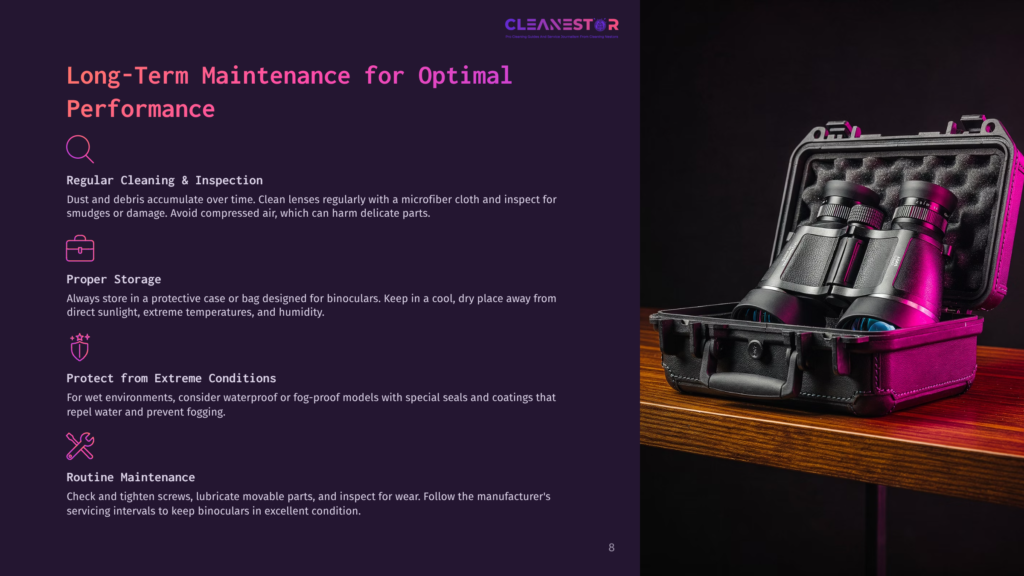 A Black Hard-Shell Case With Binoculars Inside, Placed On A Wooden Surface, Beside A Purple Background With Maintenance Tips.