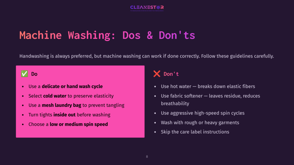 Machine Washing: Dos &Amp; Don'Ts. A Pink Section Lists &Quot;Do&Quot; Items Like Using A Delicate Cycle And Cold Water. A Purple Section Lists &Quot;Don'T&Quot; Items Like Using Hot Water And Fabric Softener.