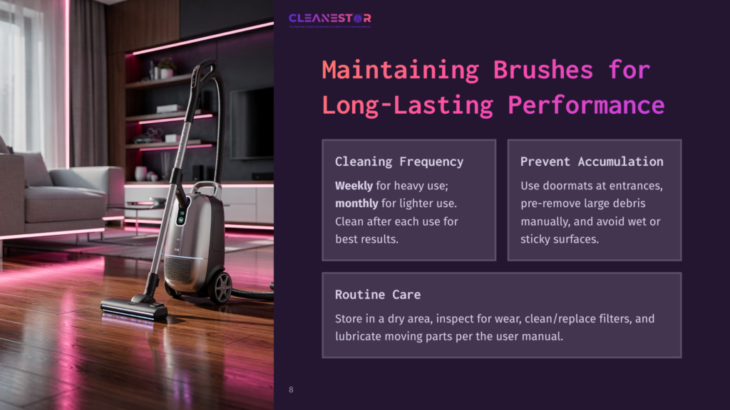 A Modern Silver Vacuum Cleaner Stands Upright On A Polished Wooden Floor In A Well-Lit Living Room. The Background Features A Dark Shelf Unit With Books And Decor, And A Large Sectional Sofa. The Image Includes The Text &Quot;Cleanestor&Quot; And &Quot;Maintaining Brushes For Long-Lasting Performance.