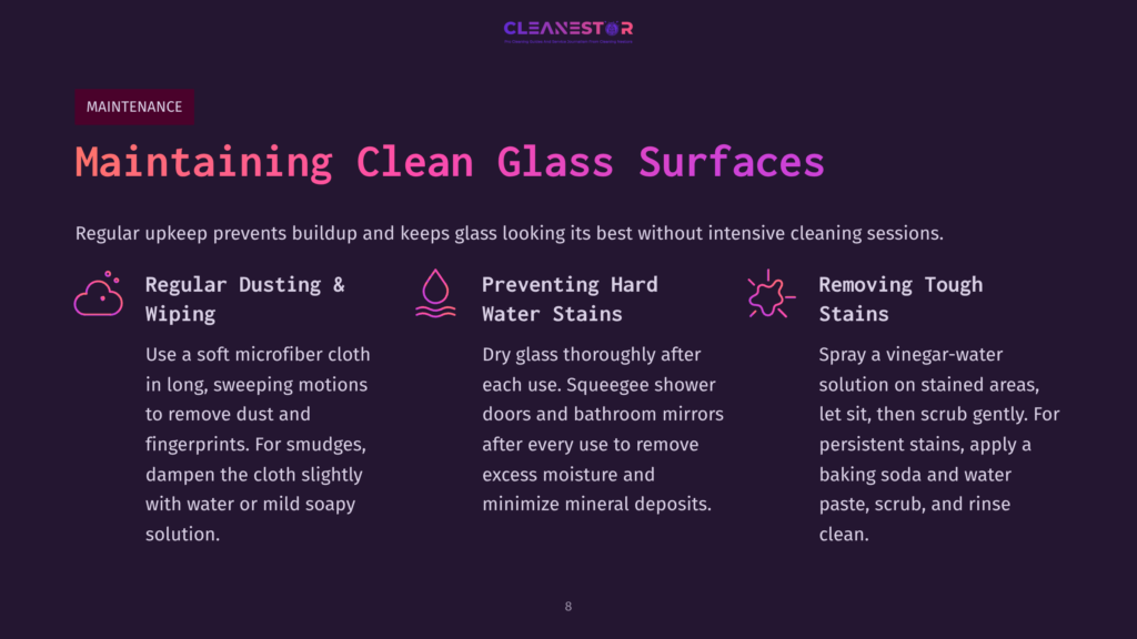 Text On A Purple Background Explains Methods For Cleaning Glass: Dusting, Preventing Water Stains, And Removing Stains With Solutions.