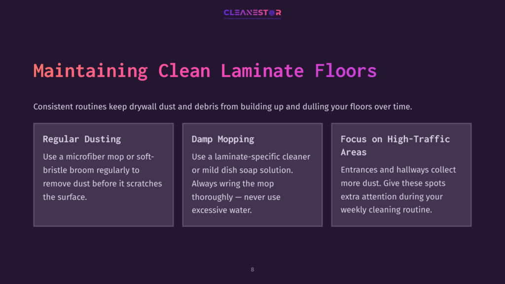 Graphic Titled &Quot;Maintaining Clean Laminate Floors&Quot; With Three Sections: &Quot;Regular Dusting,&Quot; &Quot;Damp Mopping,&Quot; And &Quot;Focus On High-Traffic Areas,&Quot; Offering Cleaning Tips.
