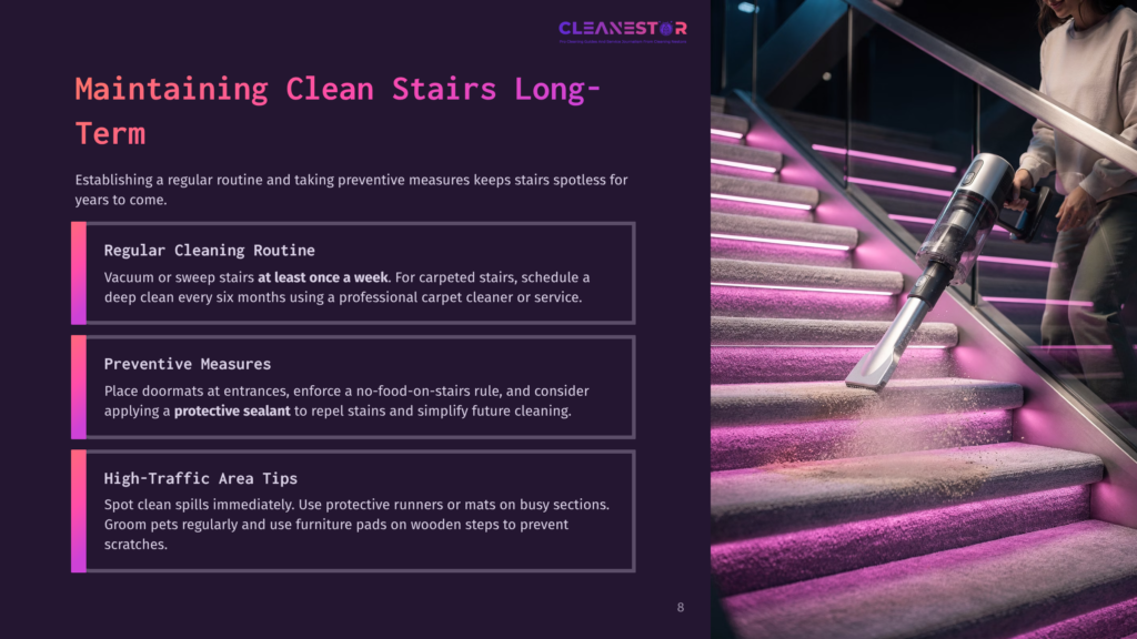 A Vacuum Cleaner Being Used On Colorful, Well-Lit Stairs, With A Modern Layout Highlighting Various Cleaning Tips On The Side.