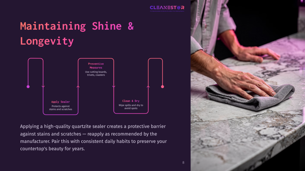8 Maintaining Shine And Longevity A Person'S Hands Polish A Speckled Gray And White Quartz Countertop With A Gray Cloth, Demonstrating How To Maintain Shine And Longevity. Text On The Left Details Cleaning And Preventative Measures.