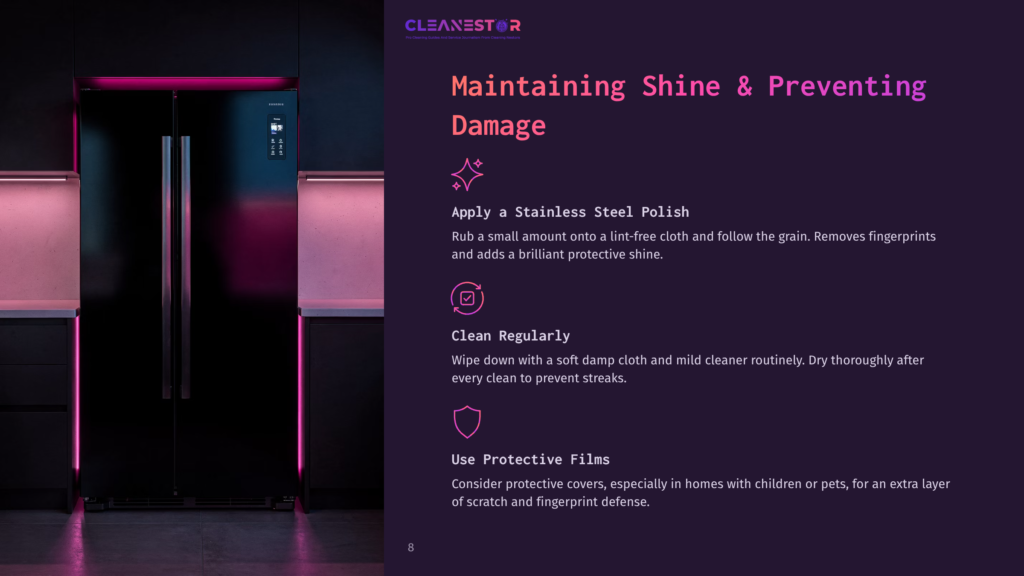 8 Maintaining Shine And Preventing Damage Modern Stainless Steel Refrigerator With A Sleek Black Finish And A Touchscreen Display, Illuminated By Vibrant Pink Led Lighting In A Contemporary Kitchen Setting. Text Reads &Quot;Cleanestor Maintaining Shine &Amp; Preventing Damage&Quot;.