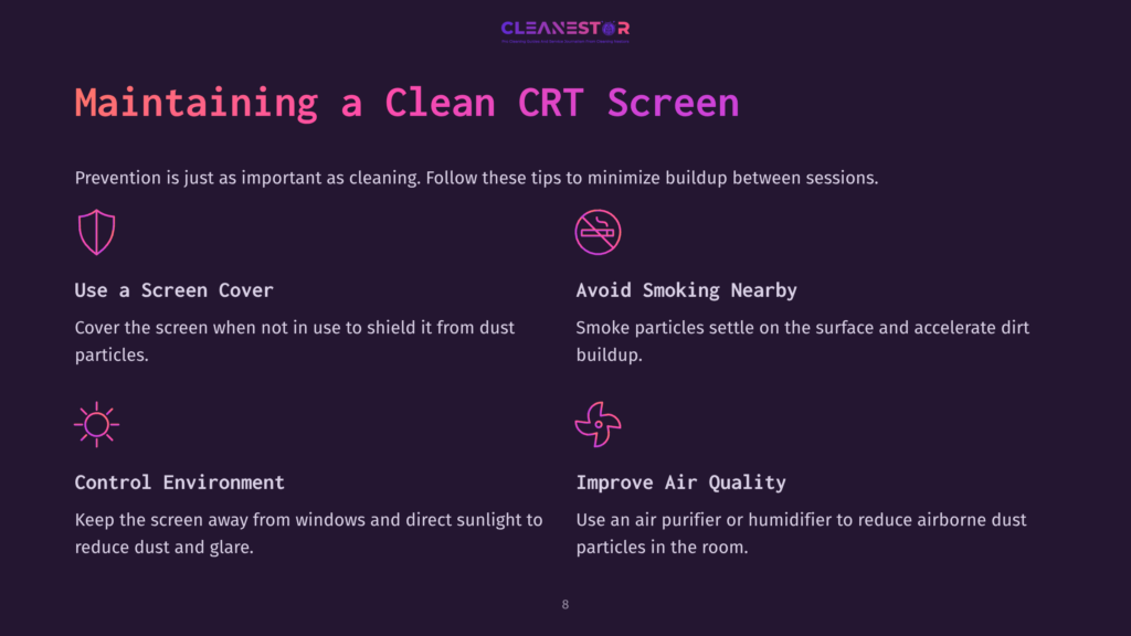 Graphic With A Dark Purple Background Featuring Pink Text. Points On Maintaining A Clean Crt Screen Include Using A Cover, Avoiding Smoke, And Improving Air Quality.