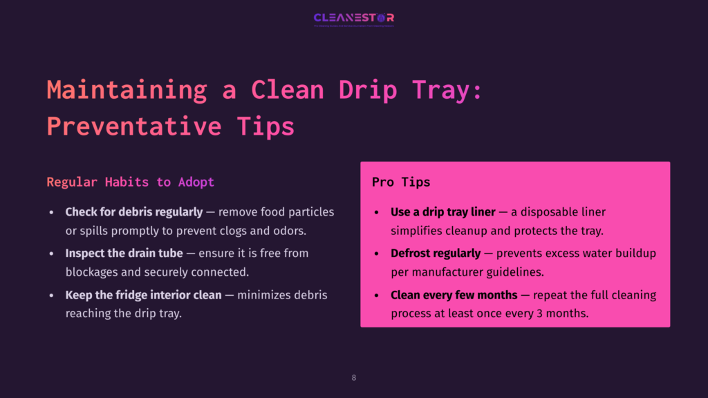 Text On A Purple And Pink Background Outlines Tips For Maintaining A Refrigerator Drip Tray, With Key Points Highlighted In White.