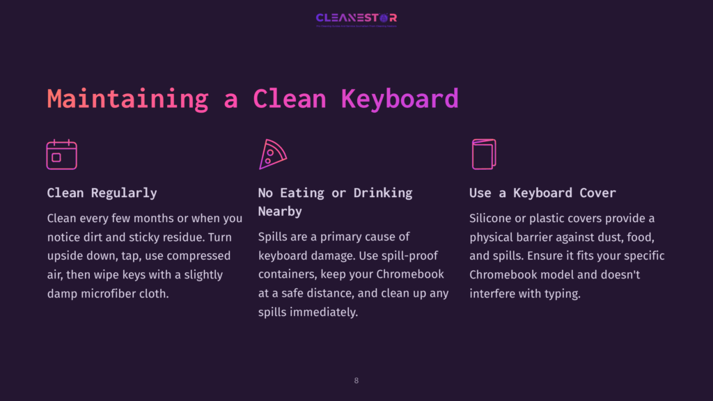 Text In A Modern Font On A Purple Background Detailing Keyboard Maintenance Tips, Featuring Icons For Cleaning And Protection.