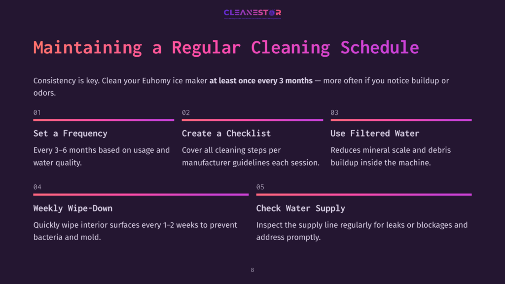 List Of Tips For Maintaining An Ice Maker, Featuring A Purple Background, White And Pink Text, And Colorful Icons For Each Step.