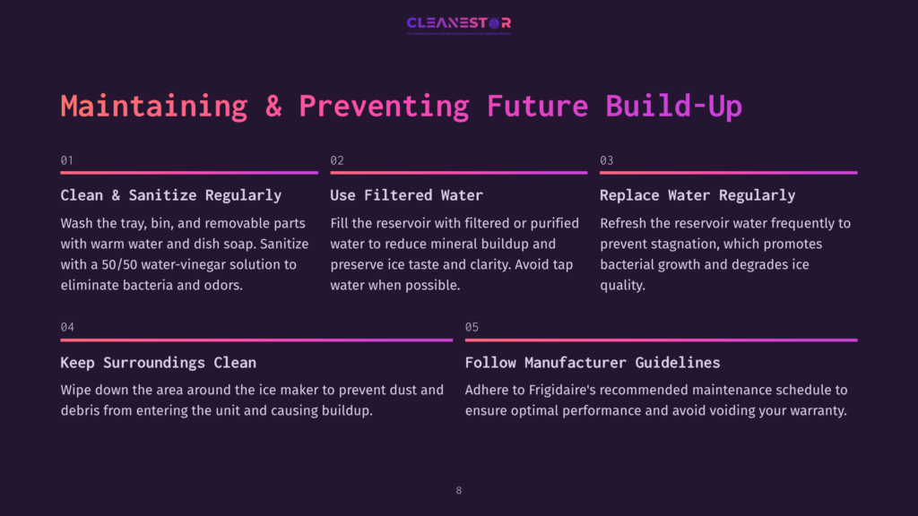8 Maintaining And Preventing Future Build Up 1 Maintaining And Preventing Future Build-Up: A Graphic With 5 Steps On Cleaning And Maintaining Ice Makers, Including Cleaning, Sanitizing, Using Filtered Water, Replacing Water Regularly, And Following Manufacturer Guidelines.