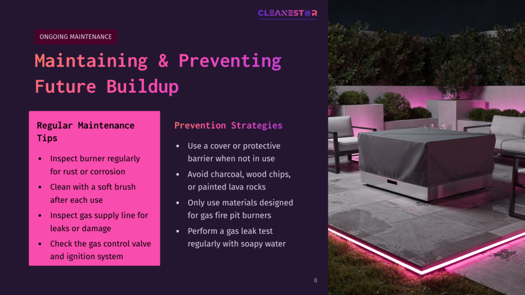 A Modern Outdoor Patio With A Covered Fire Pit, Featuring Plush Seating And Ambient Pink Lighting. The Slide Displays &Quot;Maintaining &Amp; Preventing Future Buildup&Quot; And &Quot;Regular Maintenance Tips&Quot; With Bullet Points.