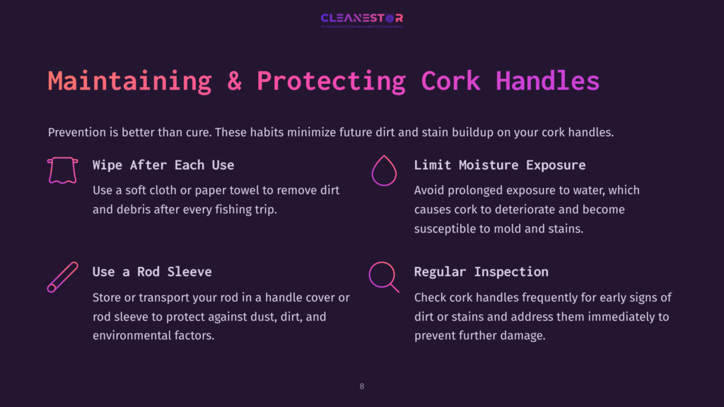 8 Maintaining And Protecting Cork Handles Maintaining And Protecting Cork Handles: Wipe After Each Use, Limit Moisture Exposure, Use A Rod Sleeve, Regular Inspection. Text On A Dark Purple Background With Colorful Icons.