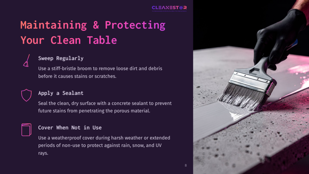 A Concrete Table Being Brushed With A Sealant, Alongside Text Instructions On Maintenance Tips, Featuring A Dark Background And Purple Accents.