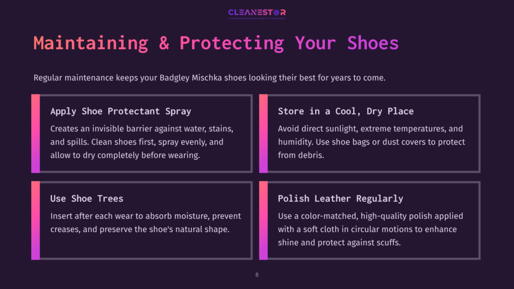 Instructions On Maintaining Shoes, Featuring Tips On Using A Protectant Spray, Storing Them, Using Shoe Trees, And Regular Polishing.