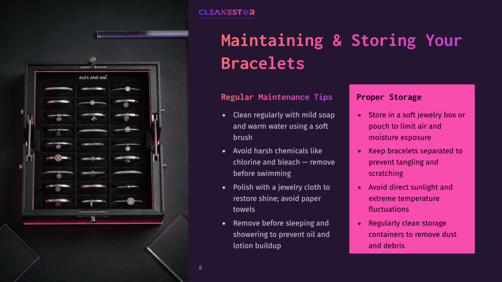 A Dark Display Box Holds Multiple Alex And Ani Bracelets, With Care Tips On The Left In White And Purple Text Against A Dark Background.