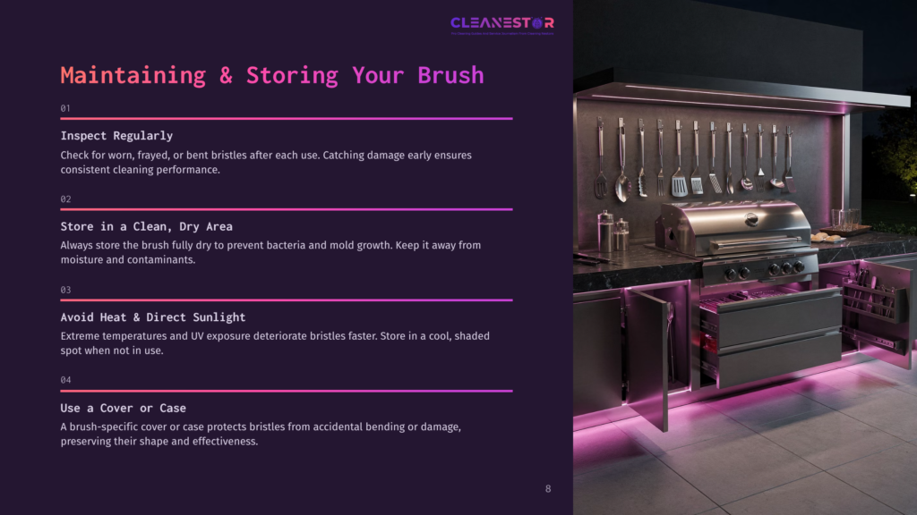 Tips For Maintaining And Storing Brushes Alongside Modern Kitchen With Purple Lighting And Organized Utensils.