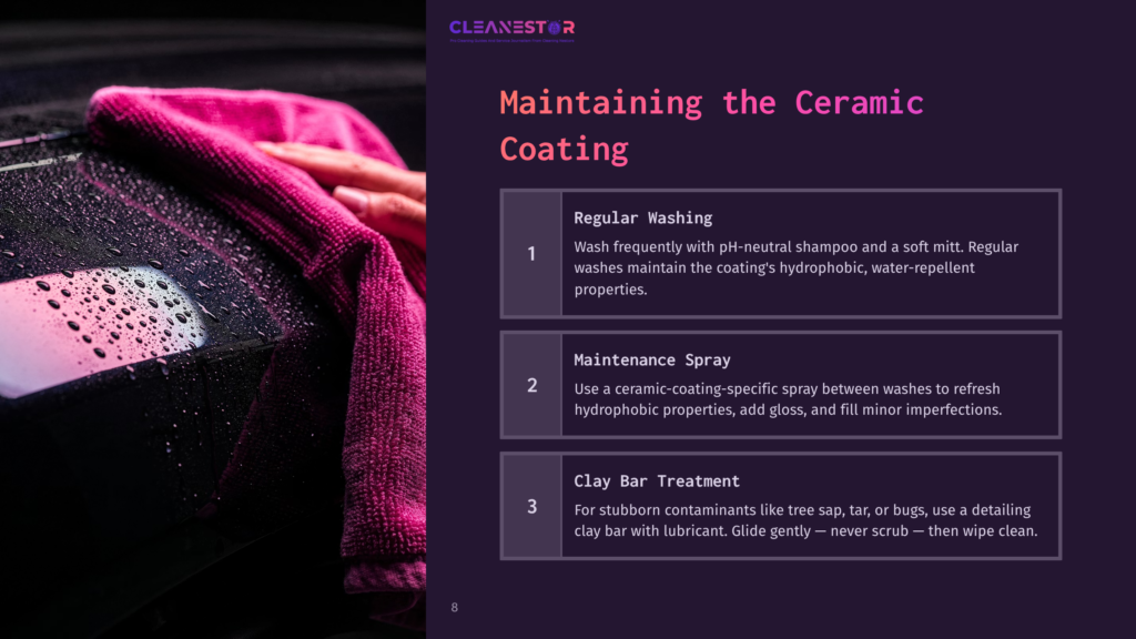 8 Maintaining The Ceramic Coating Close-Up Of A Hand Using A Pink Microfiber Towel To Dry A Shiny, Black Car Surface With Water Droplets After A Ceramic Coating Wash. Text Overlay: &Quot;Cleanestor Maintaining The Ceramic Coating.