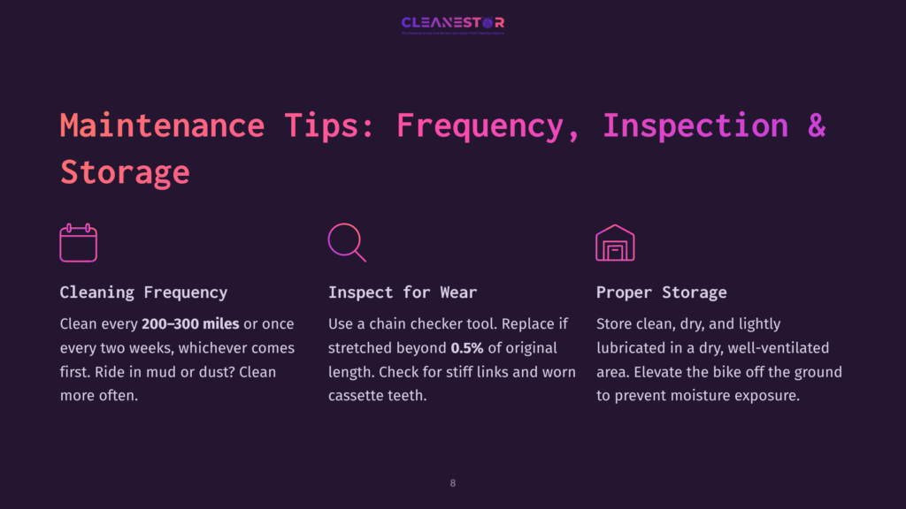 8 Maintenance Tips Frequency Inspection And Storage Maintenance Tips For Bikes: Cleaning Frequency, Inspect For Wear, And Proper Storage With Icons For Each. Text Includes &Quot;Maintenance Tips,&Quot; &Quot;Frequency, Inspection &Amp; Storage,&Quot; And Details On Cleaning, Wear Checks, And Storage.