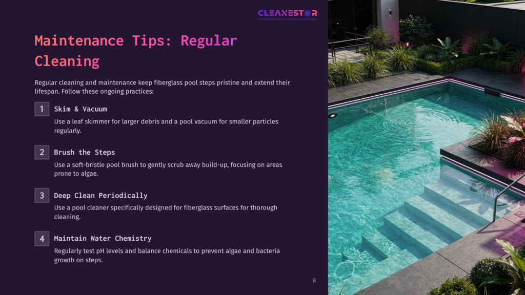 8 Maintenance Tips Regular Cleaning A Luxurious, Modern Fiberglass Swimming Pool With Integrated Led Lighting Is Illuminated At Night. The Pool Features A Built-In Staircase And Is Surrounded By Lush Greenery And Dark Paving Stones, Creating A Serene And Inviting Atmosphere.