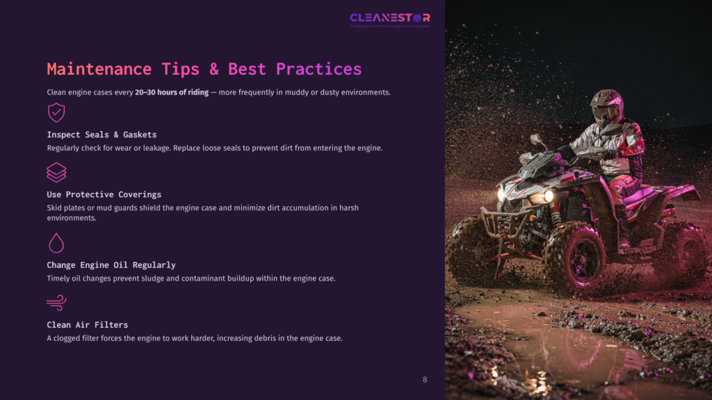 8 Maintenance Tips And Best Practices A Vibrant Atv Splashes Through Muddy Terrain, Highlighted By Purple And Pink Lighting, With Maintenance Tips Displayed On The Side.