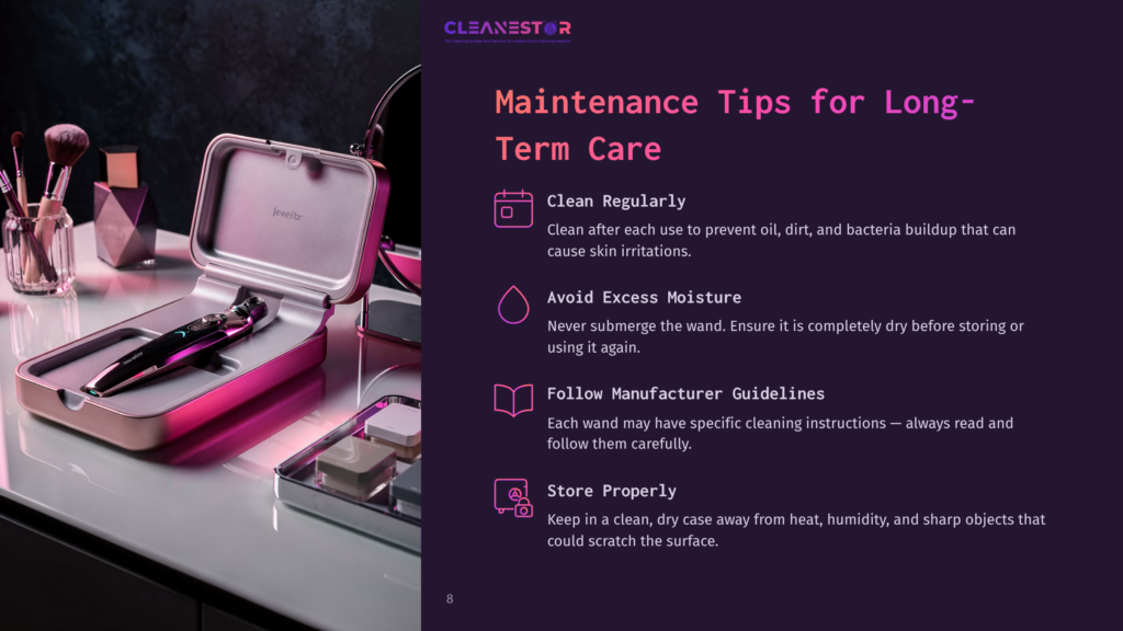 A High-Frequency Wand In A Sleek Metallic Case Sits On A Purple Background, Accompanied By Cleaning Tips In White Text.