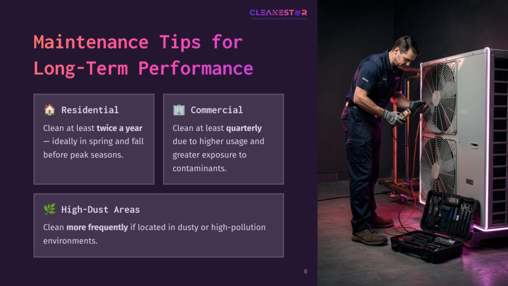 8 Maintenance Tips For Long Term Performance 1 A Man In A Blue Uniform Performs Maintenance On A Large Outdoor Hvac Unit, Holding A Diagnostic Tool. The Image Includes Text About &Quot;Maintenance Tips For Long-Term Performance,&Quot; &Quot;Residential,&Quot; And &Quot;Commercial&Quot; Hvac Upkeep.