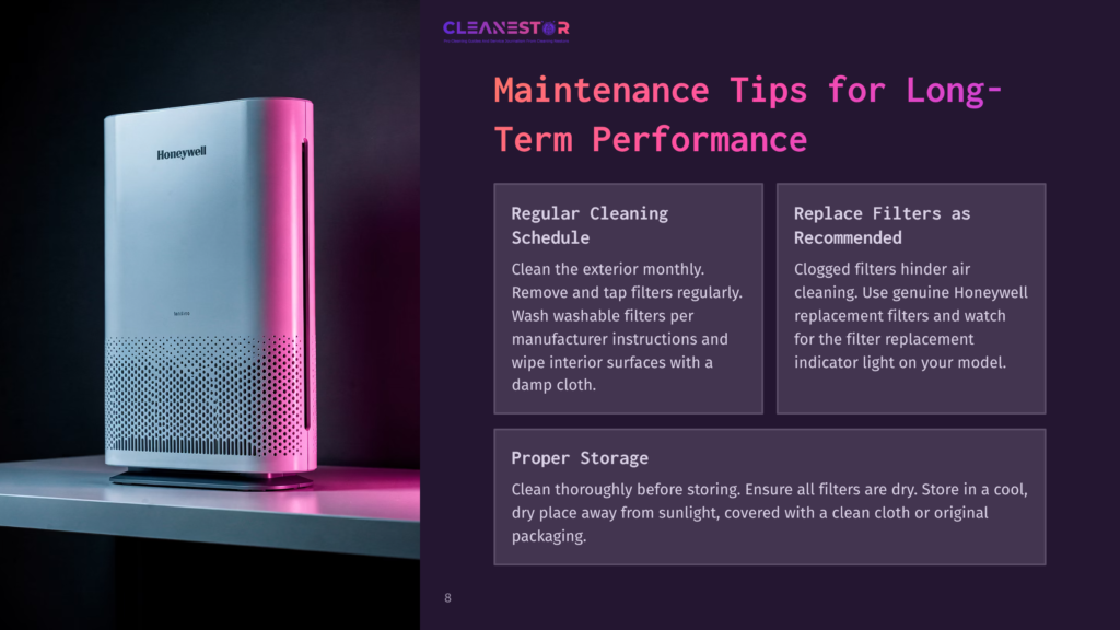 Honeywell Air Purifier With A Sleek Design, Positioned Against A Dark Background. Text Highlights Maintenance Tips And Cleaning Schedule.