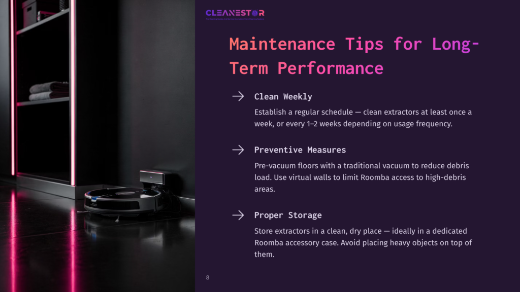 Cleanestor Logo And Text &Quot;Maintenance Tips For Long-Term Performance&Quot; With Bullet Points About Cleaning And Preventive Measures For Roomba Vacuums.