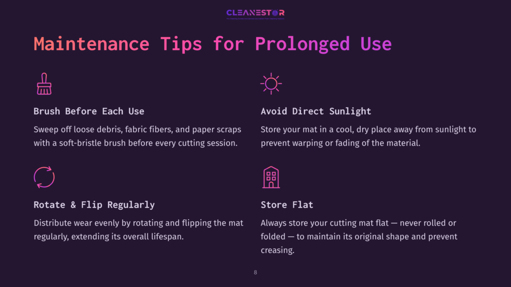 Four Maintenance Tips For Cutting Mats, Listed In White Text Against A Dark Purple Background, With Purple Accents And Icons For Each Tip.
