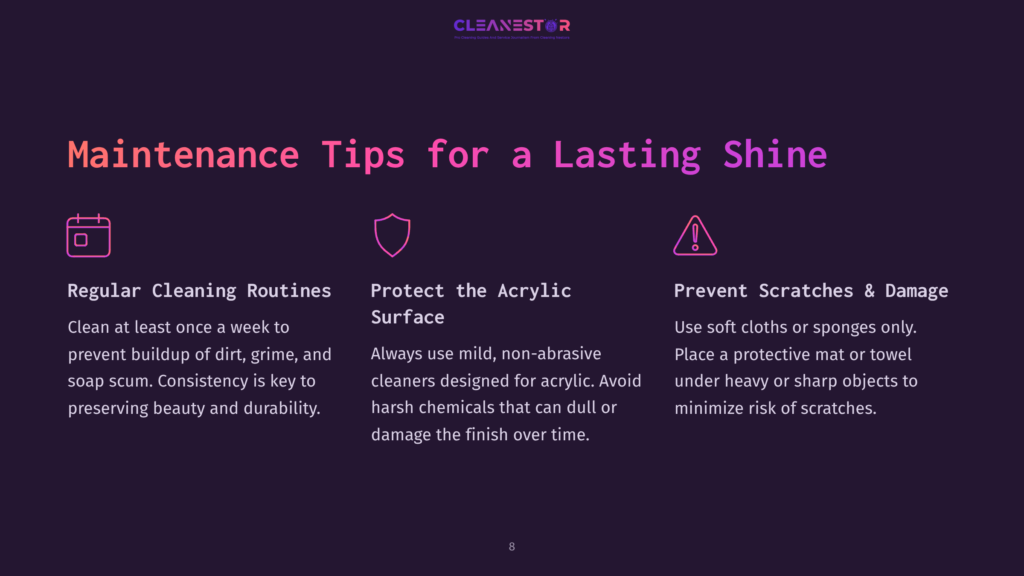 Purple Background With Bold Text Outlining Maintenance Tips: &Quot;Regular Cleaning Routines,&Quot; &Quot;Protect The Acrylic Surface,&Quot; &Quot;Prevent Scratches,&Quot; With Icons For Protection And Care.