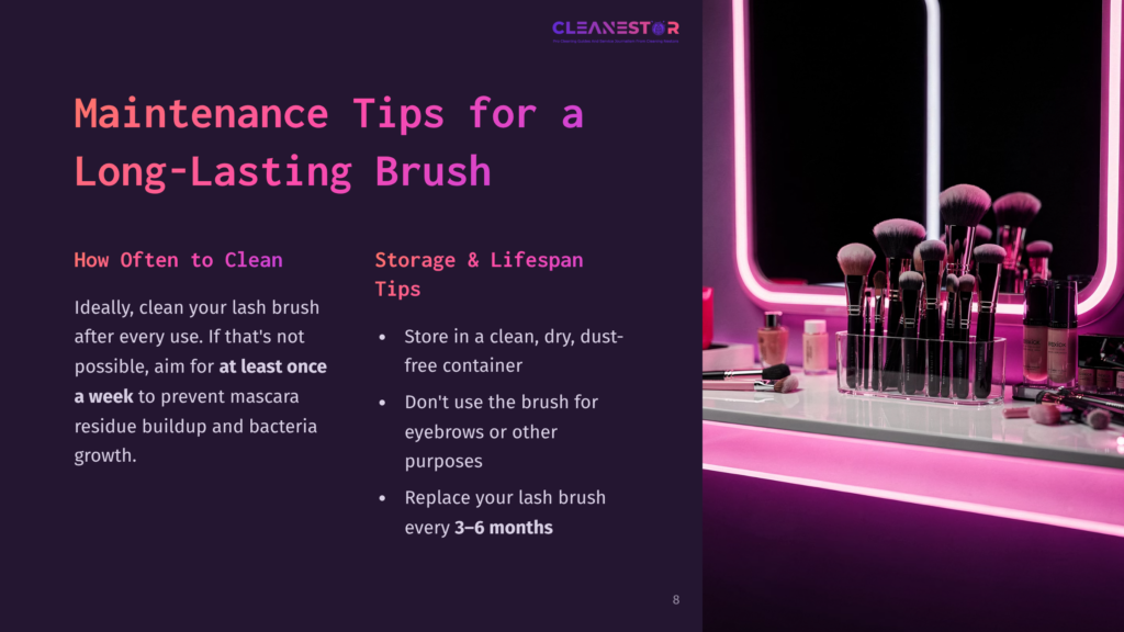 Makeup Brushes Are Neatly Arranged In A Clear Organizer On A Vanity Table With A Brightly Lit Mirror, Next To A Bottle Of Cosmetic Product. Text Overlay Reads: &Quot;Maintenance Tips For A Long-Lasting Brush&Quot; And &Quot;How Often To Clean&Quot; And &Quot;Storage &Amp; Lifespan Tips&Quot;.