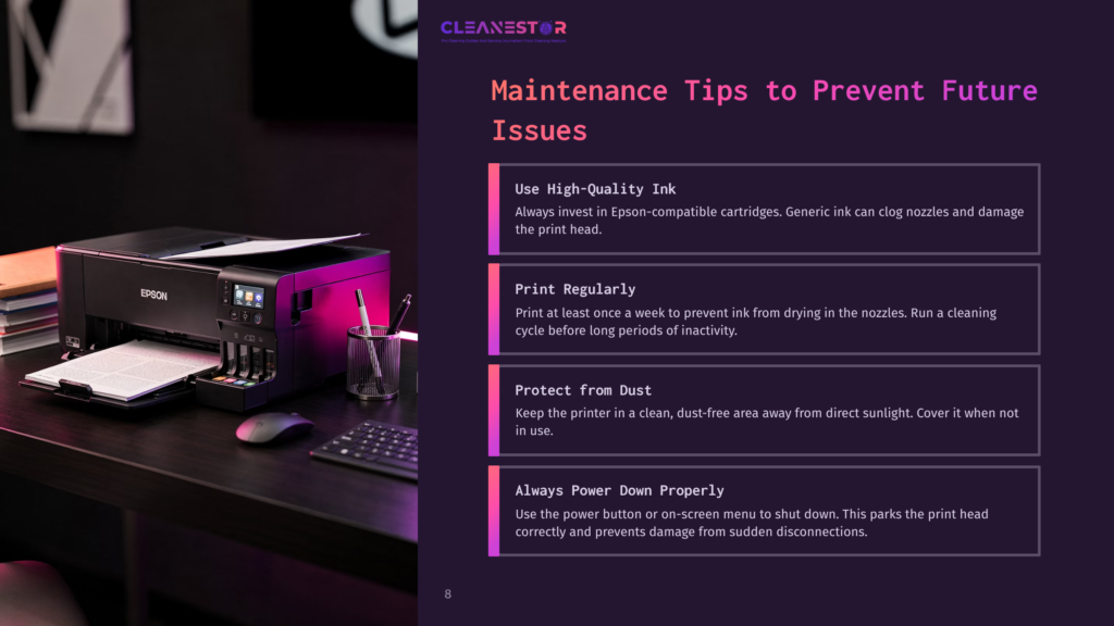 8 Maintenance Tips To Prevent Future Issues Epson Printer On A Desk With A Document In The Tray, Next To A Monitor And Keyboard. The Image Also Displays Text With Maintenance Tips For Preventing Future Issues, Including &Quot;Use High-Quality Ink,&Quot; &Quot;Print Regularly,&Quot; &Quot;Protect From Dust,&Quot; And &Quot;Always Power Down Properly.