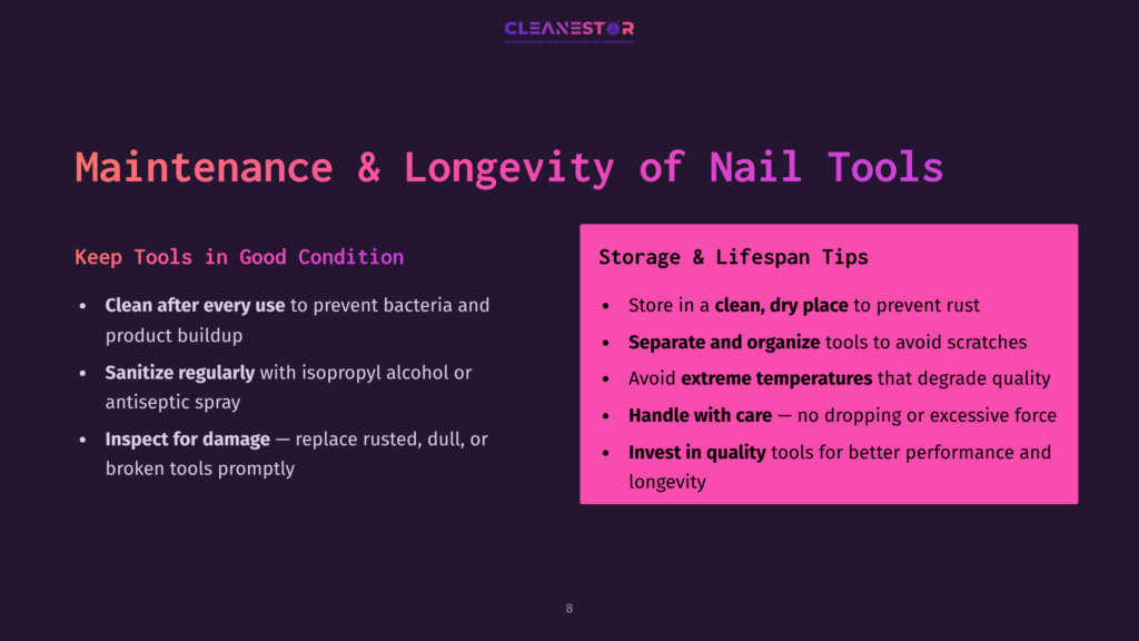 A Dark Purple Slide Titled &Quot;Maintenance &Amp; Longevity Of Nail Tools&Quot; With Two Sections: &Quot;Keep Tools In Good Condition&Quot; And &Quot;Storage &Amp; Lifespan Tips,&Quot; Listing Bullet Points For Tool Care.