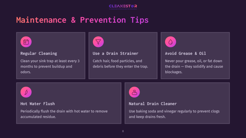 Four Blocks Of Text With Maintenance Tips: Regular Cleaning, Using A Drain Strainer, Avoiding Grease, And Natural Drain Cleaner. Pink Icons.
