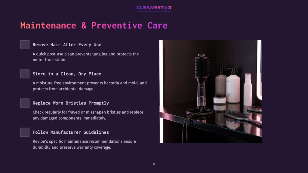 Cleanestor Logo Above A Dark Background With Text About Hair Dryer Maintenance: Remove Hair, Store In Clean Dry Place, Replace Bristles, Follow Manufacturer Guidelines.