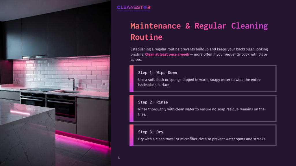 Modern Kitchen With White Subway Tile Backsplash Illuminated By Pink Led Lights, Featuring Stainless Steel Appliances And A Marble Countertop. Text Overlay: &Quot;Cleanestor Maintenance &Amp; Regular Cleaning Routine&Quot;.