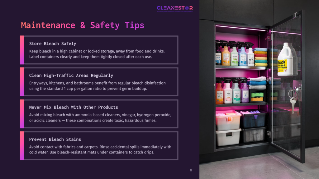 8 Maintenance And Safety Tips Illustrated Cabinet With Cleaning Supplies, Featuring Colorful Bottles And Safety Tips In White Text On A Dark Purple Background.