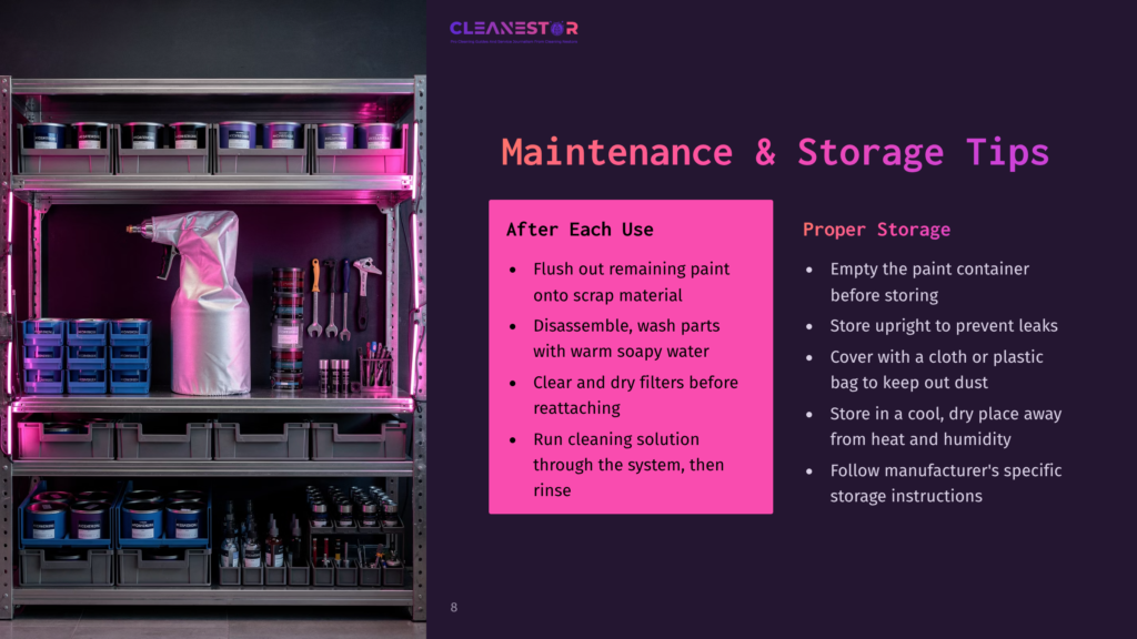 8 Maintenance And Storage Tips Storage Shelving With Paint Supplies And Tools, Featuring A Pink Spray Bottle And Several Paint Containers, Organized For Easy Access.