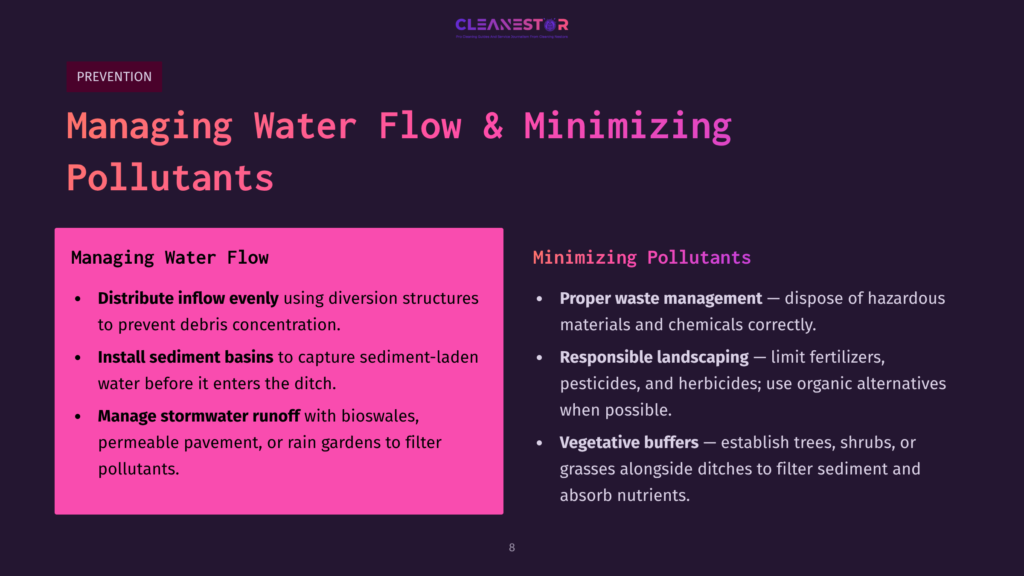 8 Managing Water Flow And Minimizing Pollutants Slide Titled &Quot;Managing Water Flow &Amp; Minimizing Pollutants&Quot; With Sections On &Quot;Managing Water Flow&Quot; And &Quot;Minimizing Pollutants,&Quot; Listing Strategies Like Installing Sediment Basins And Responsible Landscaping.