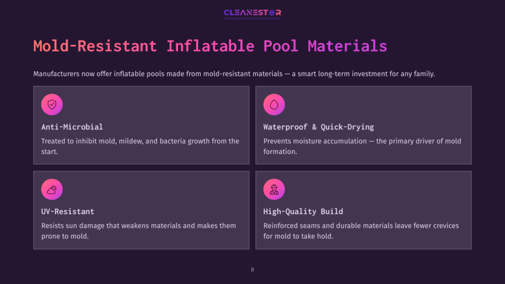 8 Mold Resistant Inflatable Pool Materials Four Sections Detail Mold-Resistant Inflatable Pool Materials: Anti-Microbial, Waterproof &Amp; Quick-Drying, Uv-Resistant, And High-Quality Build. The Cleanestor Logo Is At The Top.