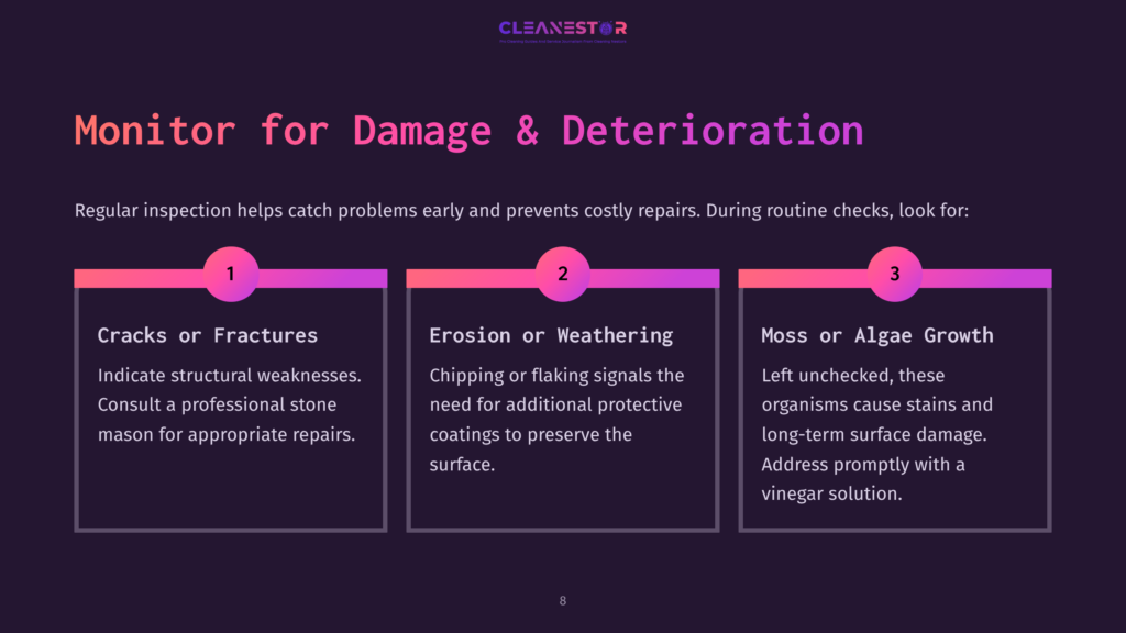 Four Outlined Sections On A Dark Background, Detailing Boulder Maintenance Tips With White And Purple Text, Highlighting Damage Monitoring Steps.