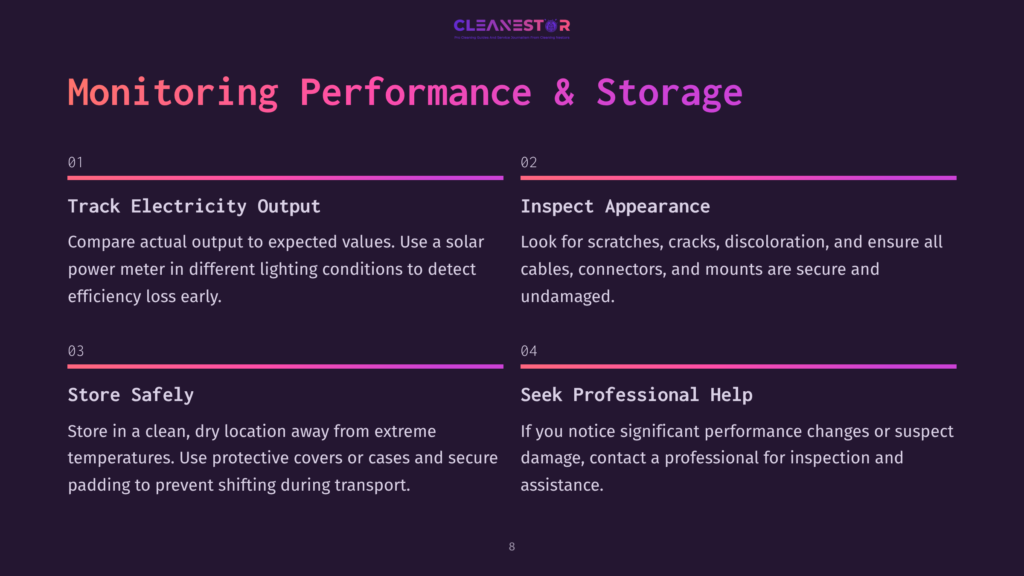 A Dark Purple Slide With A Gradient Overlay Shows &Quot;Monitoring Performance &Amp; Storage&Quot; In Large White Text. Below, Four Numbered Points Detail &Quot;Track Electricity Output,&Quot; &Quot;Inspect Appearance,&Quot; &Quot;Store Safely,&Quot; And &Quot;Seek Professional Help.