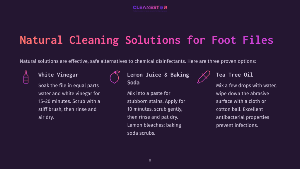 Natural Cleaning Solutions Are Listed In A Minimalist Layout With Purple Background, Featuring White Text And Icons For Vinegar, Lemon Juice, And Tea Tree Oil.