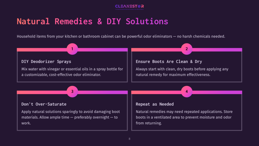 Infographic Titled &Quot;Natural Remedies &Amp; Diy Solutions&Quot; With Four Sections: Diy Deodorizer Sprays, Ensure Boots Are Clean &Amp; Dry, Don'T Over-Saturate, And Repeat As Needed. The Graphic Uses A Purple And Pink Gradient Background.