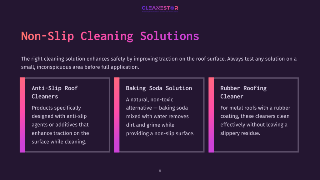 Graphic Featuring Three Cleaning Solutions: Anti-Slip Roof Coating, Baking Soda Solution, And Rubber Roof Cleaner, With Purple Accents.