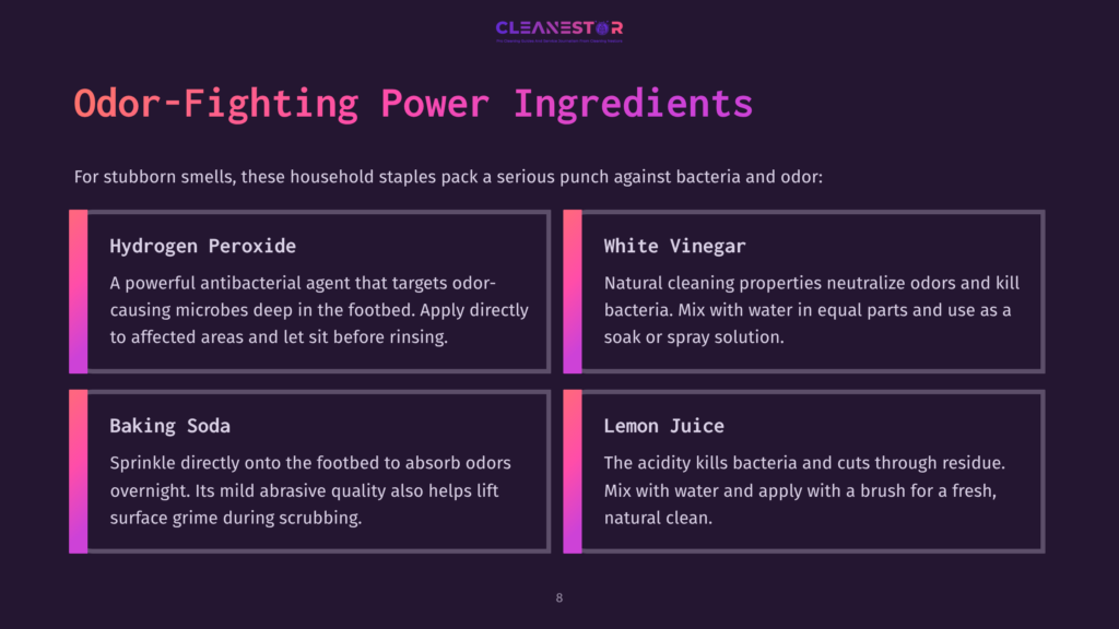 Cleanestor Logo And Title &Quot;Odor-Fighting Power Ingredients&Quot; With Four Ingredient Boxes: Hydrogen Peroxide, White Vinegar, Baking Soda, And Lemon Juice, Detailing Their Odor-Fighting Properties.