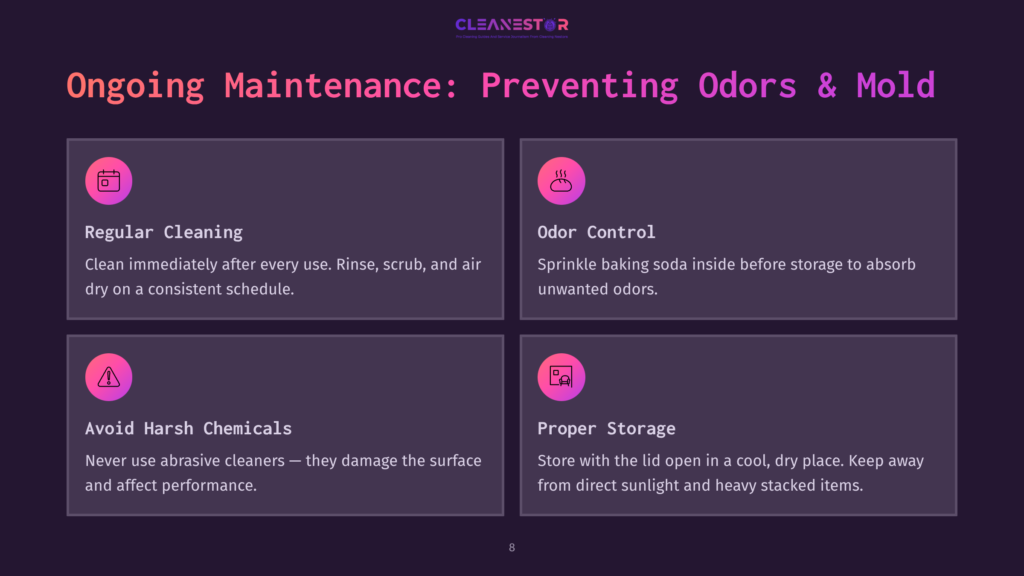 Infographic Titled &Quot;Ongoing Maintenance: Preventing Odors &Amp; Mold,&Quot; Detailing Regular Cleaning, Odor Control, Avoiding Harsh Chemicals, And Proper Storage For Cleanestor Products.