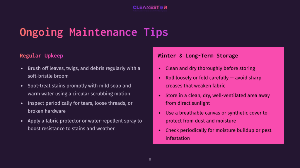 Text In Purple And Pink Outlines Maintenance Tips For Cloth Awnings, With A Clean Layout Detailing Cleaning And Storage Instructions.
