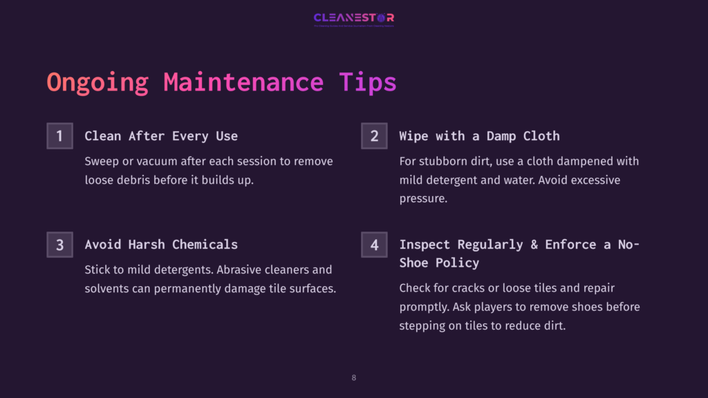 8 Ongoing Maintenance Tips 2 Cleanestor Logo And &Quot;Ongoing Maintenance Tips&Quot; Text. Four Numbered Tips: 1. Clean After Every Use, 2. Wipe With A Damp Cloth, 3. Avoid Harsh Chemicals, 4. Inspect Regularly &Amp; Enforce A No-Shoe Policy.
