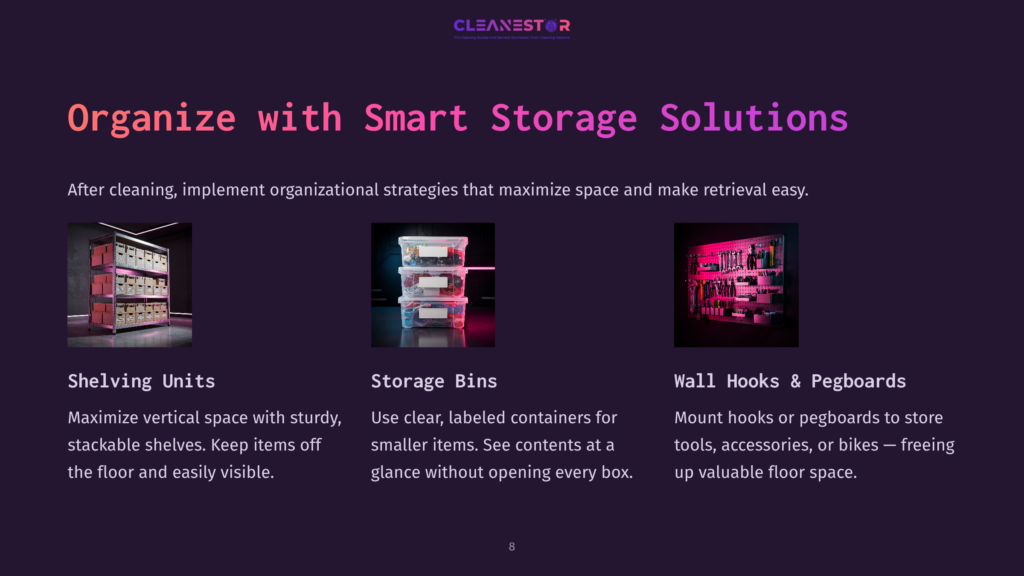 Three Smart Storage Solutions: Shelving Units, Storage Bins, And Wall Hooks &Amp; Pegboards, For Organizing And Maximizing Space.
